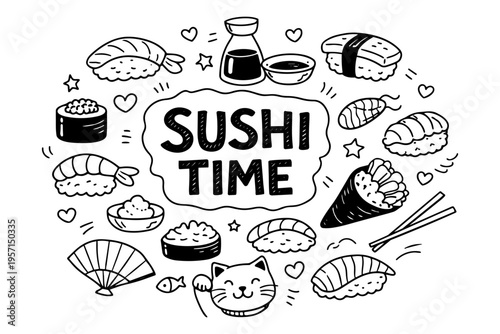 Sushi food outline icons set in minimalist doodle line art style with rolls, nigiri, chopsticks and japanese cuisine elements