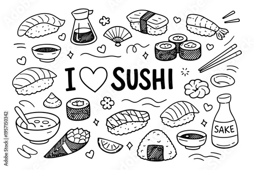 Sushi food outline icons set in minimalist doodle line art style with rolls, nigiri, chopsticks and japanese cuisine elements