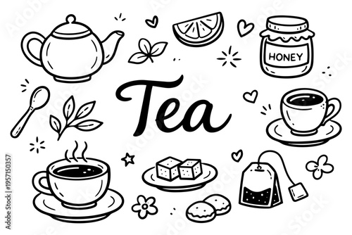 Tea time outline icons set in minimalist doodle line art style with teapot, cup, honey and herbal drink elements