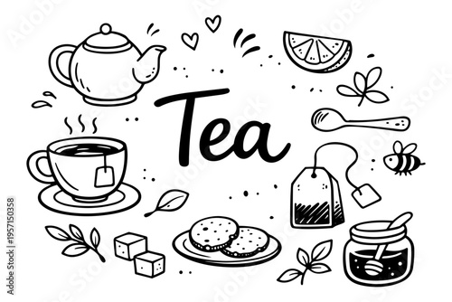 Tea time outline icons set in minimalist doodle line art style with teapot, cup, honey and herbal drink elements
