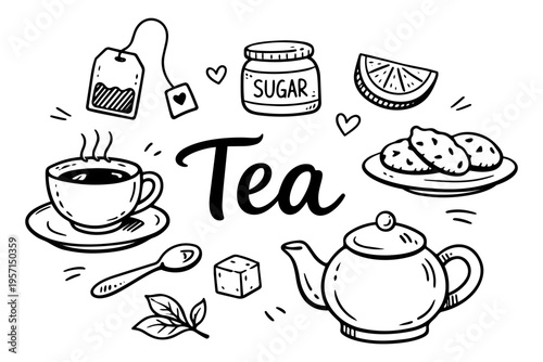 Tea time outline icons set in minimalist doodle line art style with teapot, cup, honey and herbal drink elements