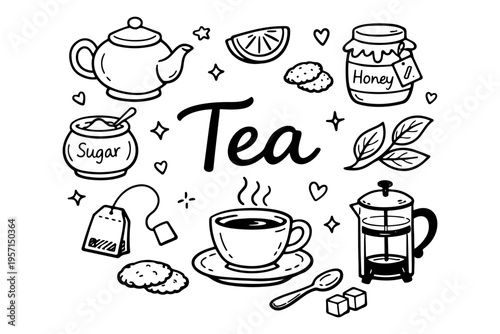 Tea time outline icons set in minimalist doodle line art style with teapot, cup, honey and herbal drink elements
