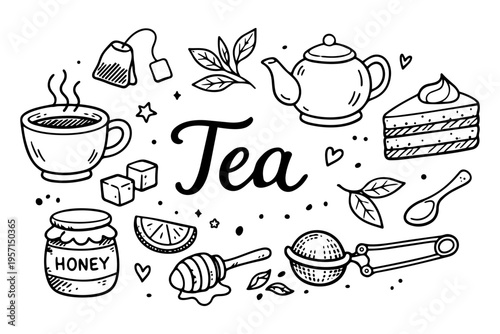Tea time outline icons set in minimalist doodle line art style with teapot, cup, honey and herbal drink elements