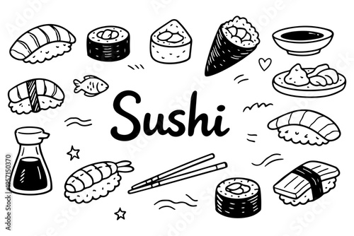 Sushi food outline icons set in minimalist doodle line art style with rolls, nigiri, chopsticks and japanese cuisine elements