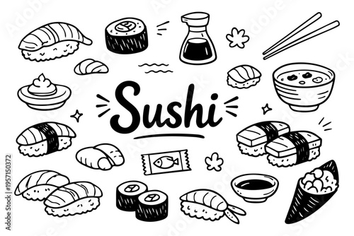 Sushi food outline icons set in minimalist doodle line art style with rolls, nigiri, chopsticks and japanese cuisine elements