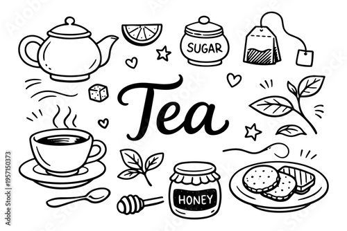 Tea time outline icons set in minimalist doodle line art style with teapot, cup, honey and herbal drink elements