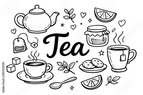 Tea time outline icons set in minimalist doodle line art style with teapot, cup, honey and herbal drink elements