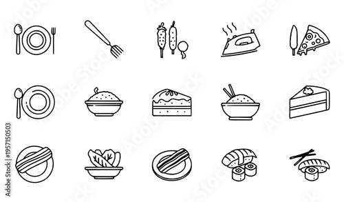 Modern food outline icons with pizza cake sushi bacon porridge cookware and utensils thin line vector set