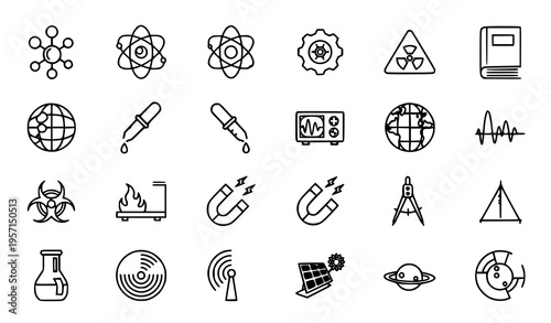 Modern outline science icons with molecule atom biohazard pipette radar solar panel and saturn thin line vector set