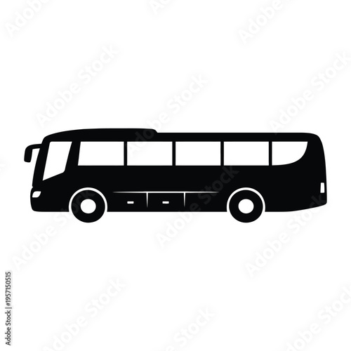 A minimalist black silhouette vector icon depicting a side view of a modern passenger coach bus