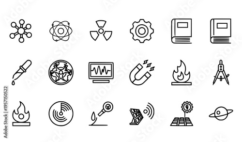 Thin line science and technology icon set with molecule atom nuclear biohazard radar solar panel and saturn vector collection