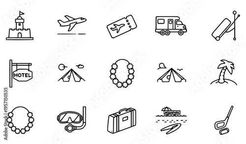 Modern travel outline icons with beach plane luggage hotel camping surfing and leisure thin line vector set