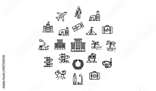 Circular travel and vacation thin line icon set with plane luggage hotel beach surf diving and camping vector design