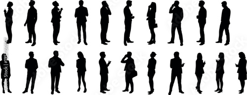 Business people silhouette set showing standing professionals in communication poses, corporate character collection isolated on light background for office, marketing and presentation design projects