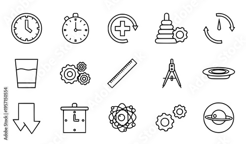 Modern outline icon set with clock timer gear atom saturn compass arrows and objects thin line vector design