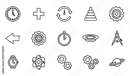 Thin line technology and time icon set with clock gear atom saturn compass and arrows outline vector collection