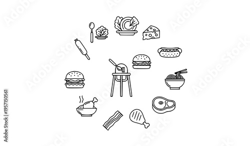 Circular layout thin line food icon set with feeding chair plate spoon burger noodles and meat outline vector design