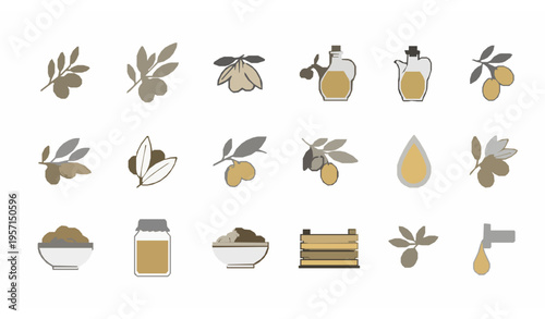 Olive products flat line icon set with olive tree branch oil bottle jug and fresh olives vector collection