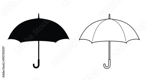 Two umbrella illustrations one solid black one white outline