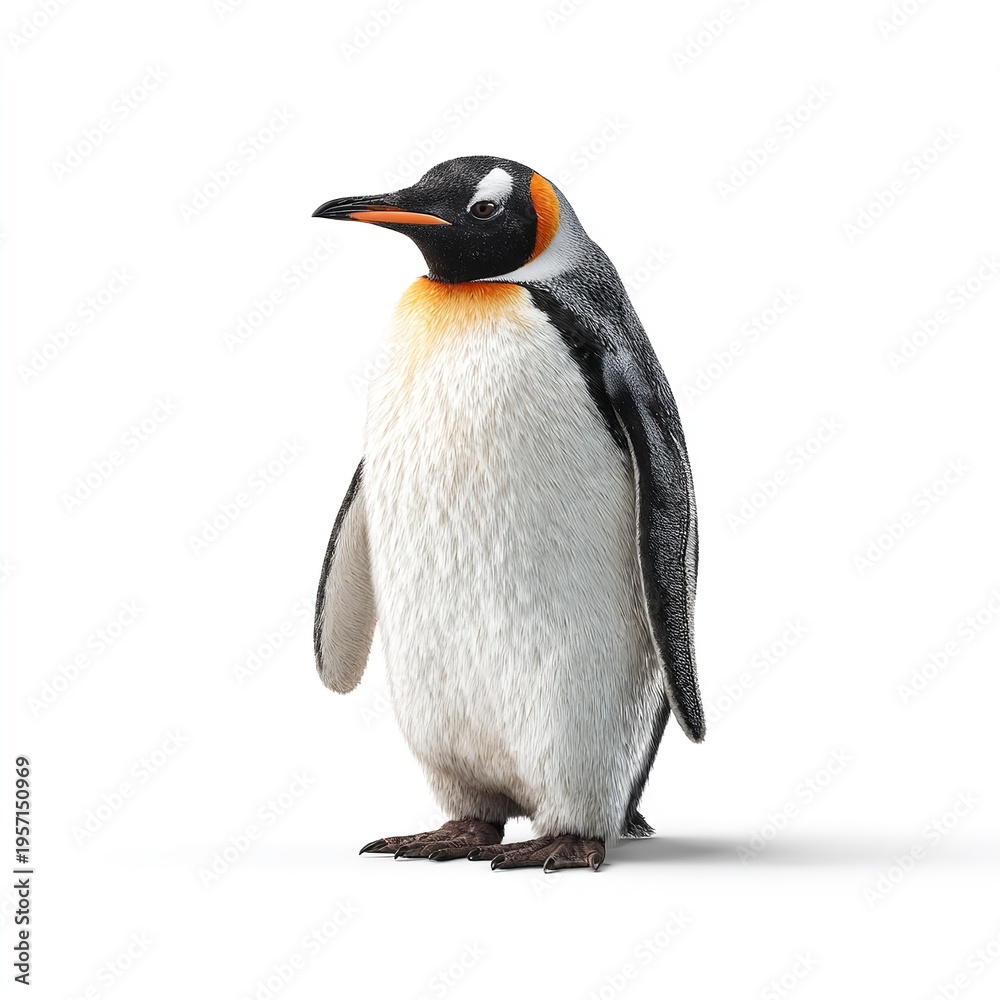 Fototapeta premium A small penguin standing alone on a white background looking very alert and curious