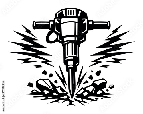 Jackhammer hammering away at concrete surface, causing debris to fly and vibrations to reverberate for powerful demolition tasks