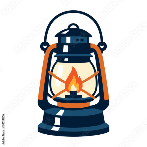Vintage kerosene lantern burning with a warm flame, representing outdoor recreation, camping, hiking, and travel concepts