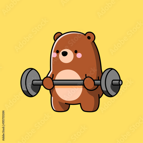Cute Bear Lifting Weights Cartoon Illustration, Funny Gym Fitness Mascot Character Design