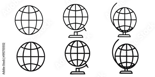 Six black and white line drawings of terrestrial globes with latitude and longitude lines