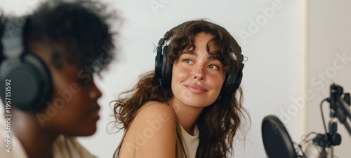 Podcast Recording Session with a Smiling Woman in Studio
