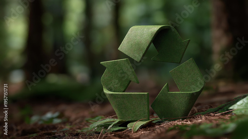 Eco conscious recycling symbol built from natural green elements standing in peaceful forest environment emphasizing sustainability waste reduction environmental harmony and future focused green