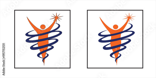 Abstract art of two identical figures with spiral elements and starbursts