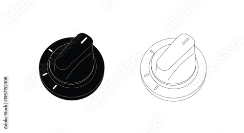 Two depictions of a stove knob solid black and a line drawing