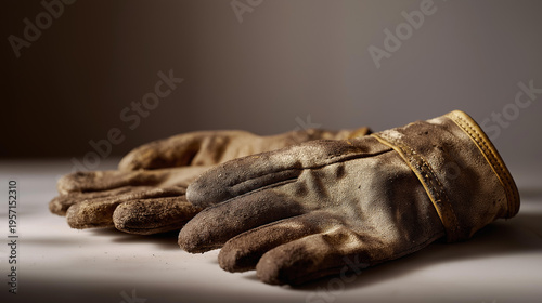 Close up photograph of worn dusty work gloves highlighting rough texture stains and signs of heavy use. The image symbolizes effort craftsmanship and industrial labor. Subtle lighting enhances