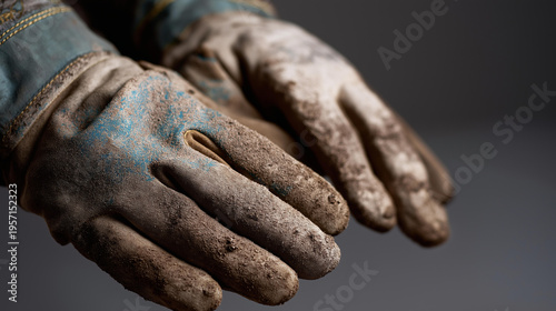 Close up photograph of worn dusty work gloves highlighting rough texture stains and signs of heavy use. The image symbolizes effort craftsmanship and industrial labor. Subtle lighting enhances