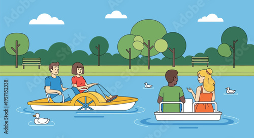 Couples enjoying a relaxing day on pedal boats in a serene park lake.