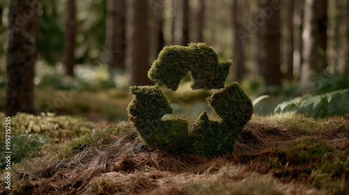 Green recycling symbol built from foliage and natural materials surrounded by forest trees plants and soil emphasizing zero waste lifestyle sustainable living environmental ethics and global