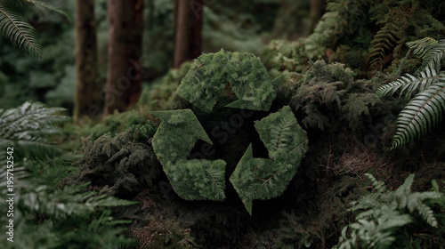 Green recycling symbol built from foliage and natural materials surrounded by forest trees plants and soil emphasizing zero waste lifestyle sustainable living environmental ethics and global