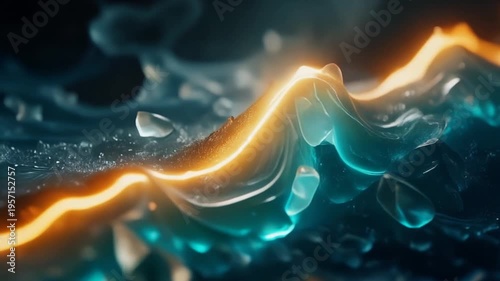 Amber light wave over aqua glass and crystal fragments