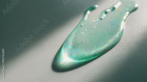 Mint green glossy droplet stretching under narrow spotlight