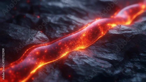 Fiery red orange molten stream over dark rocky texture