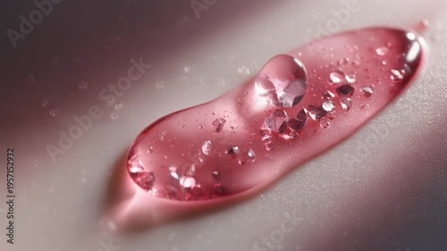 Soft pink glossy liquid capsule with beads and reflections