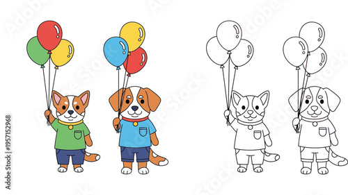 Cute Cartoon Dogs with Balloons Illustration Set, Featuring Corgi and Puppy Characters in Color and Black and White Line Art Versions for Kids Coloring Book Page and Graphic Design Projects