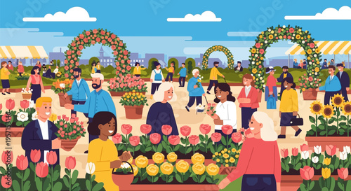Diverse crowd enjoying a vibrant flower market.