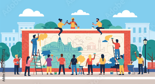 Diverse group of artists painting a large mural together.