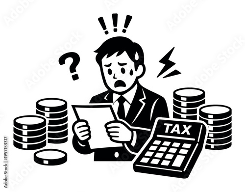 Businessman looking at financial documents, feeling overwhelmed and anxious about tax payments, debt, and budget management