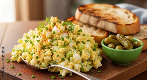 A bowl of egg salad with pickles and bread on a wooden cutting board.