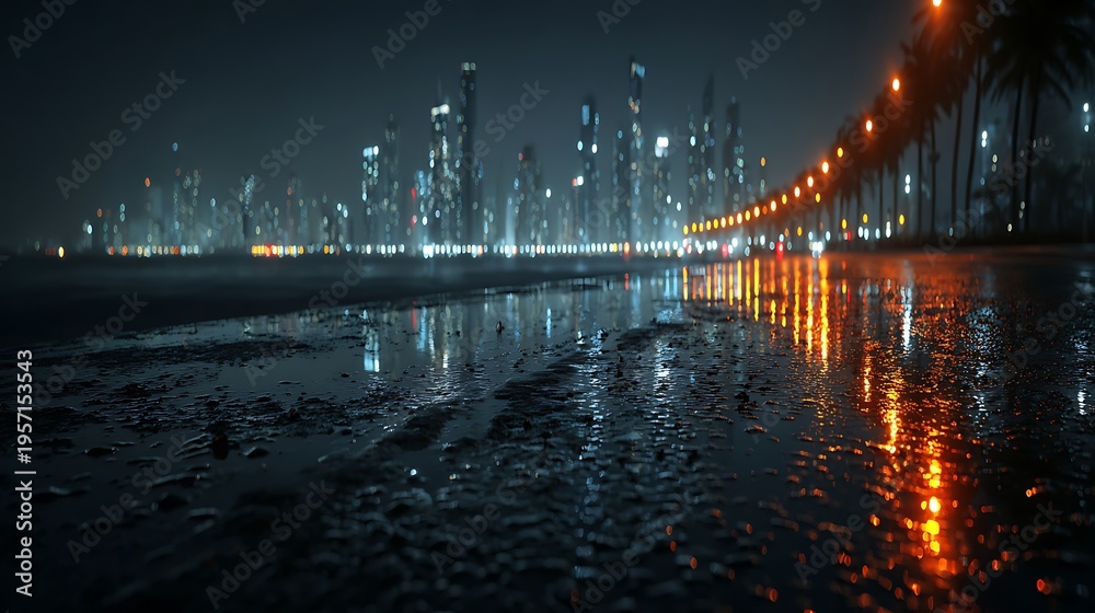 Fototapeta premium Night city skyline reflected on wet asphalt after rain wallpapers