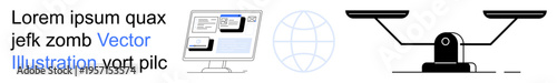 Digital ethics, legal balance, online security, global communication, information technology, web development. Computer screen with a web interface and a balance scale. Digital ethics and legal