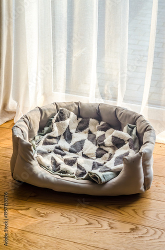 Foto Cozy and empty pet bed with a soft patterned blanket, waiting on a wooden floor in a sunlit room