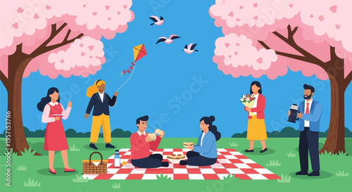 Diverse group of friends enjoying a spring picnic under cherry blossom trees.